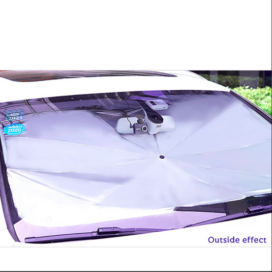 Car sunshade covering the windshield with a visible brand logo on a white background.