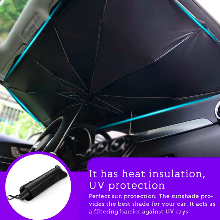 Car sunshade with heat insulation and UV protection feature, placed inside a car.