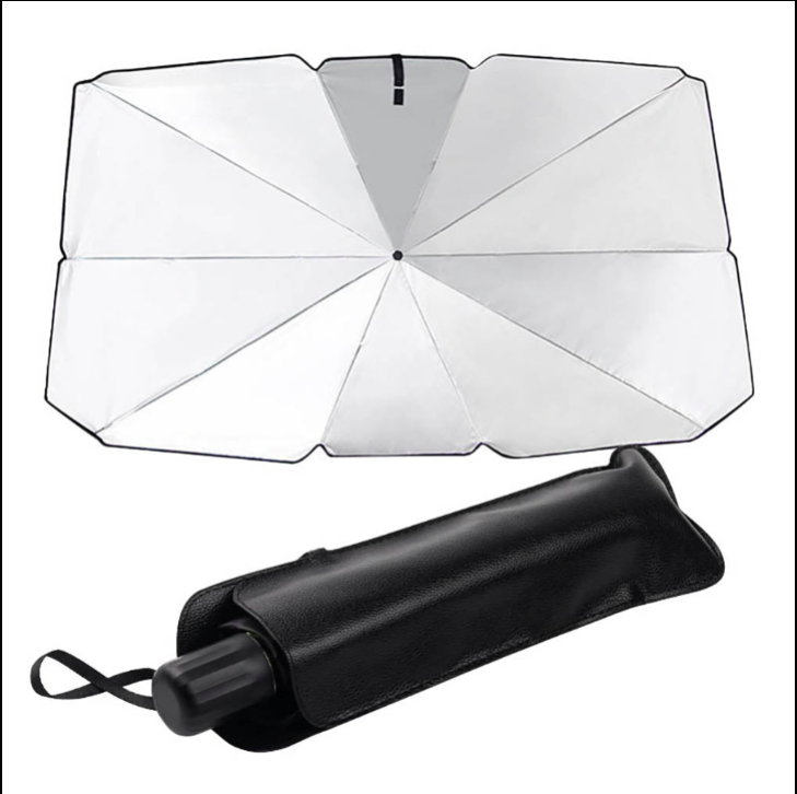 Foldable umbrella with a white canopy and black handle on a white background