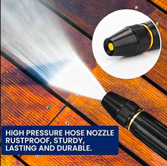 High pressure hose nozzle cleaning a wooden surface with text highlighting features.