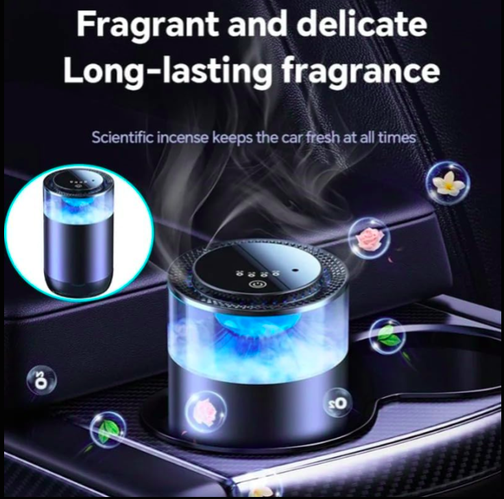 Car air freshener with fragrance display and car interior background