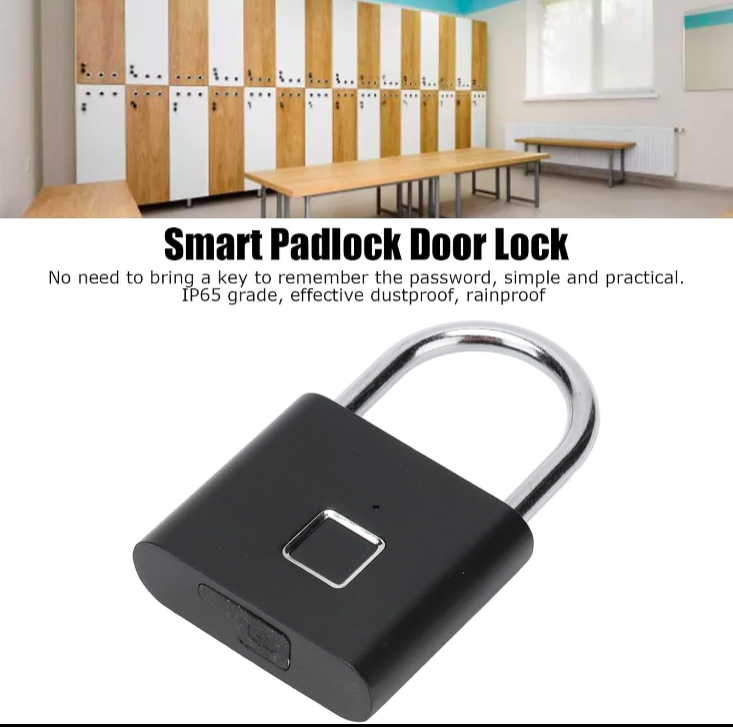 Smart padlock with fingerprint reader on a white background, with text describing its features.