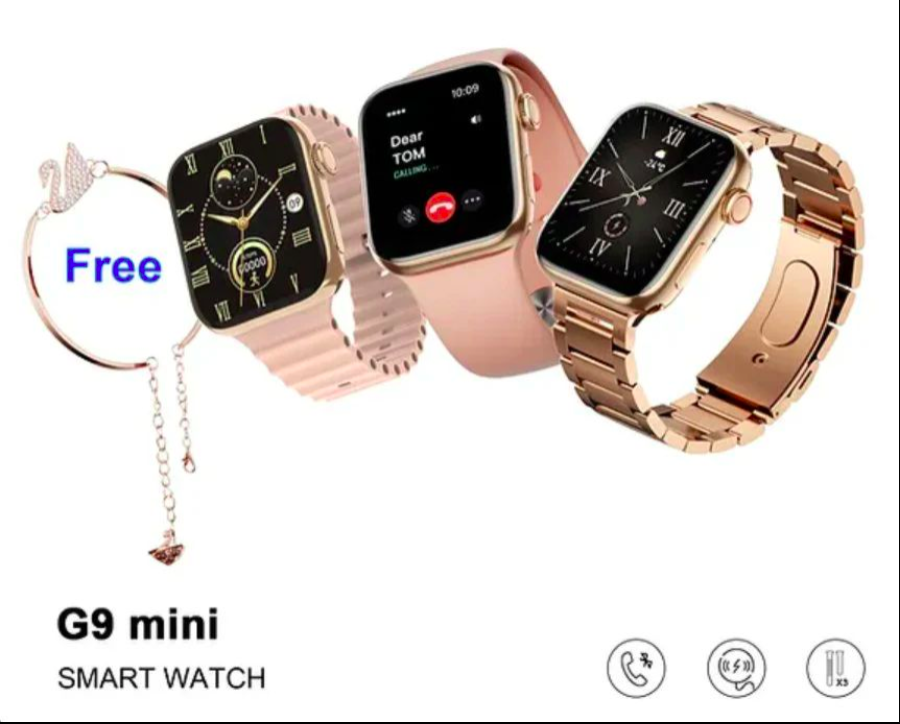 Rose gold smart watch with additional band on a white background