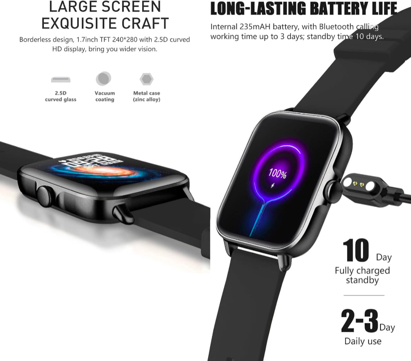 Smartwatch with black band and curved display, featuring text about screen size, battery life, and features.