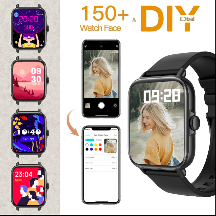 Smartwatch with customizable watch faces, smartphone app interface, and text '150+ & DIY Dial' on a white background.