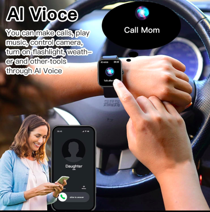 Smartwatch and phone being used with text about AI voice capabilities in a car interior.