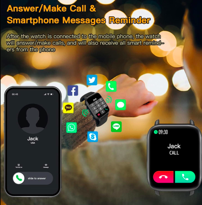 Smartphone and smartwatch displaying phone call and message reminders with blurred lights in the background.