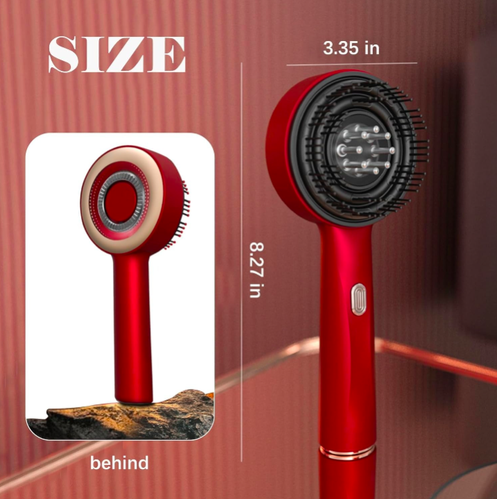 Red handheld hair dryer with measurement details on a red background