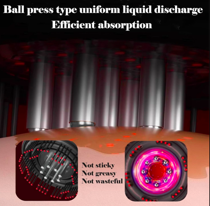 Ball press type uniform liquid discharge system with close-up of mechanism on a pink background.