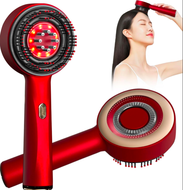 Red hair dryer with a woman using it on a white background