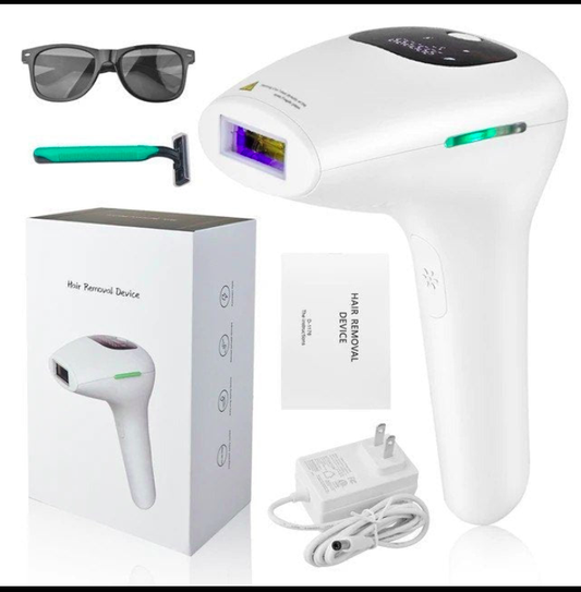 Hair removal device with packaging, sunglasses, and a razor on a white background