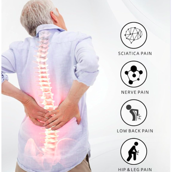 Person with highlighted spine showing pain areas on a white background