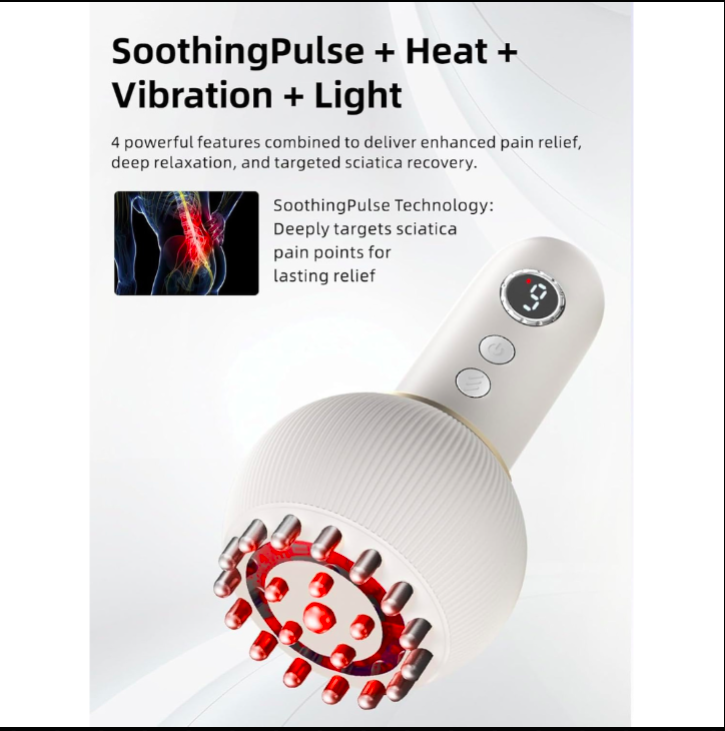 Pain relief device with text about SoothingPulse, Heat, Vibration, and Light features on a white background.
