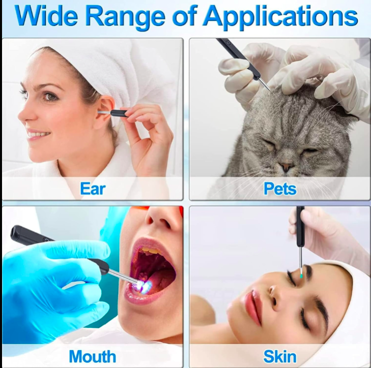 Collage showing the use of a tool for ear, pet, mouth, and skin care.