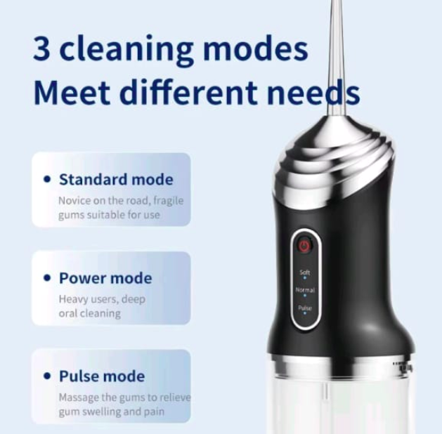 Black dental cleaning device with text on cleaning modes against a light blue background