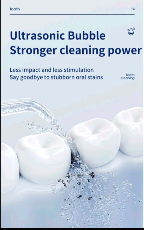 Advertisement for ultrasonic bubble cleaning with teeth and water droplets on a white background