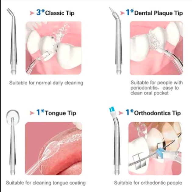 Dental water flosser tips with descriptions on a pink background