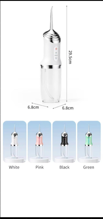 White water flosser with dimensions and color options displayed below.