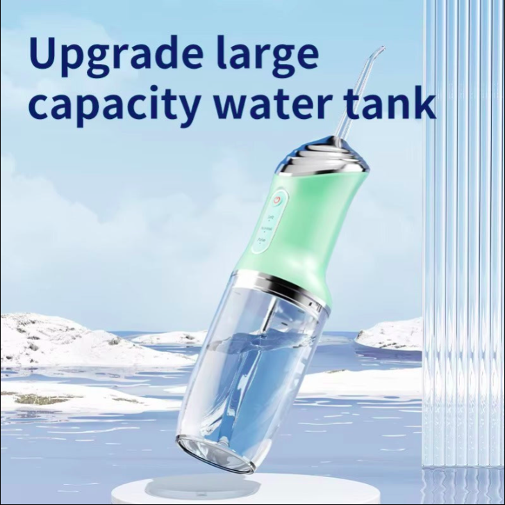 Green water bottle with large capacity tank on a snowy landscape background