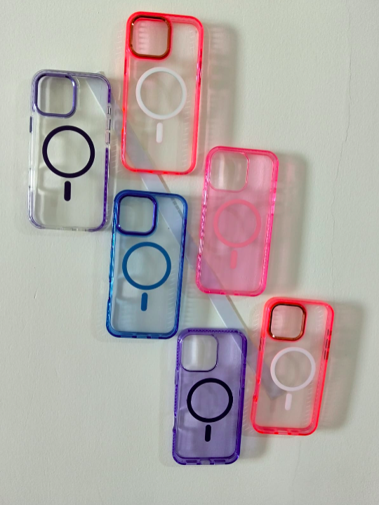Set of colorful phone case covers on a light gray background