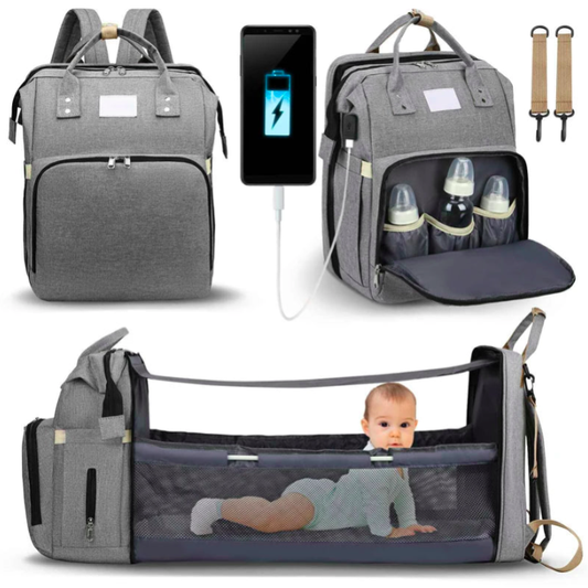 Multifunctional gray diaper bag with USB charging port, baby bottles, and baby playpen.