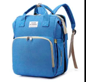 Blue backpack with multiple pockets on a white background