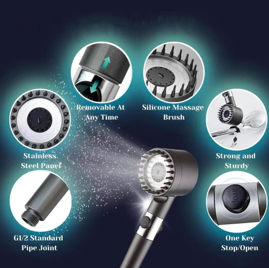 Shower head with features highlighted on a dark background