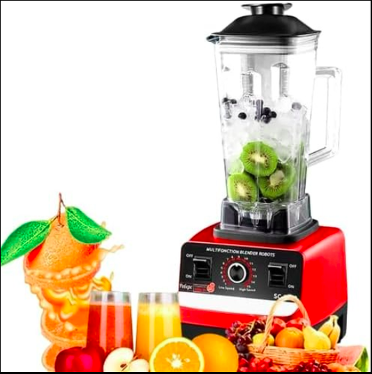 Blender with fruits, juice glasses, and a basket of fruits on a white background