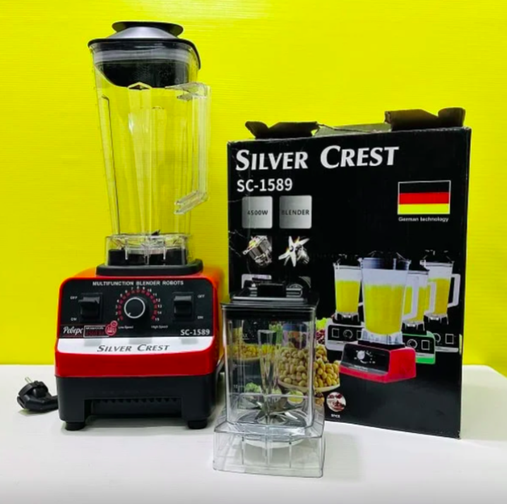 Silver Crest blender with packaging on a yellow background