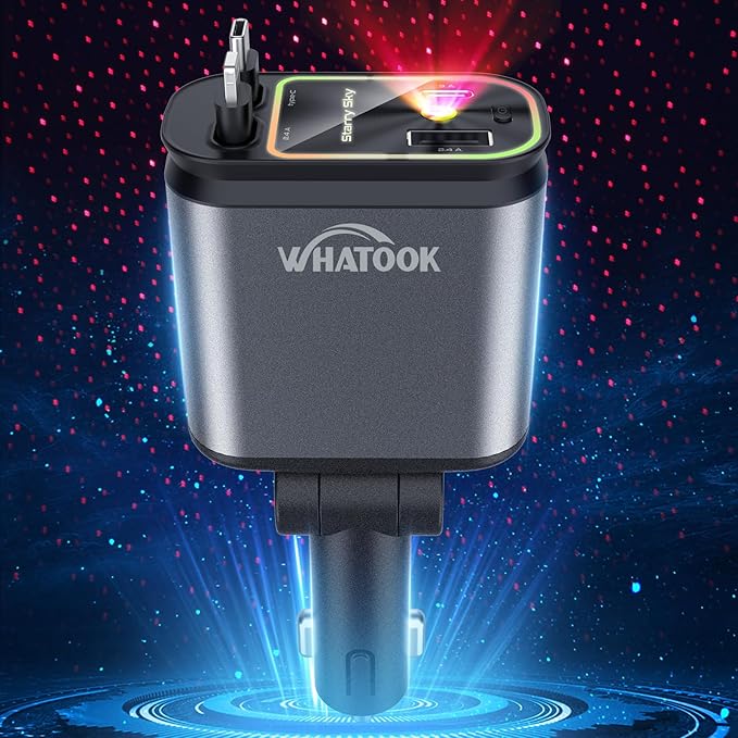 Starlight Retractable Car Charger: Car Accessories with Starlight in Car Roof, Car Chargers USB C, Fast Charging Adapter & Dual Charge Ports, 4 in 1 Car Phone Charger for iPhone iPad AirPods