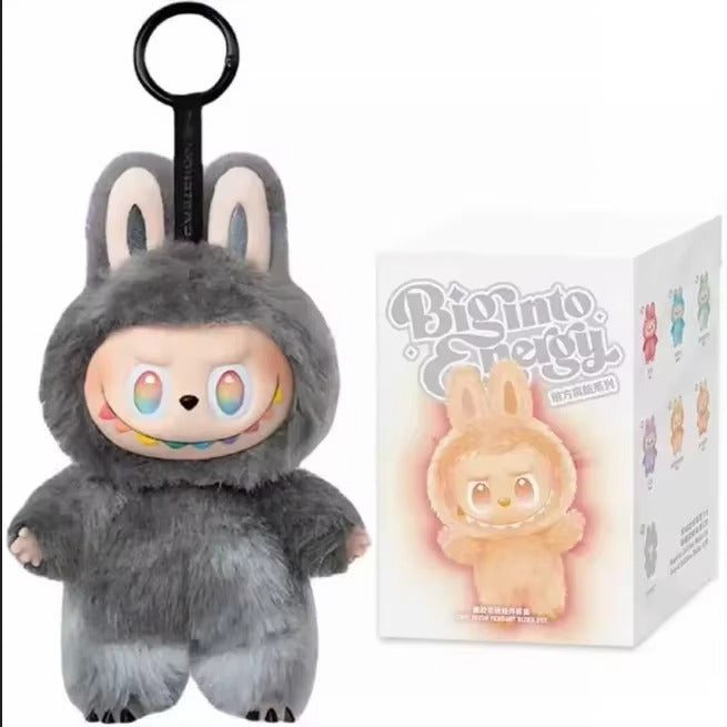 Plush toy with bunny ears and a box labeled 'Biginto Energy' on a white background
