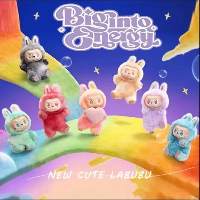Promotional image of colorful plush toys with 'Big into Energy' text on a rainbow background.