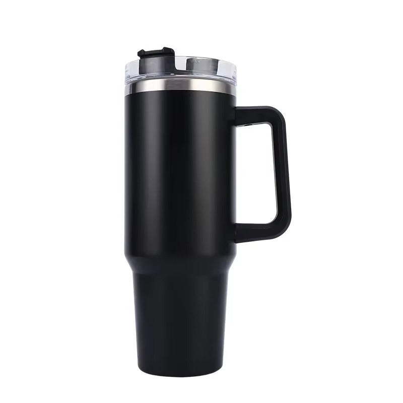 Black insulated travel mug with a handle on a white background