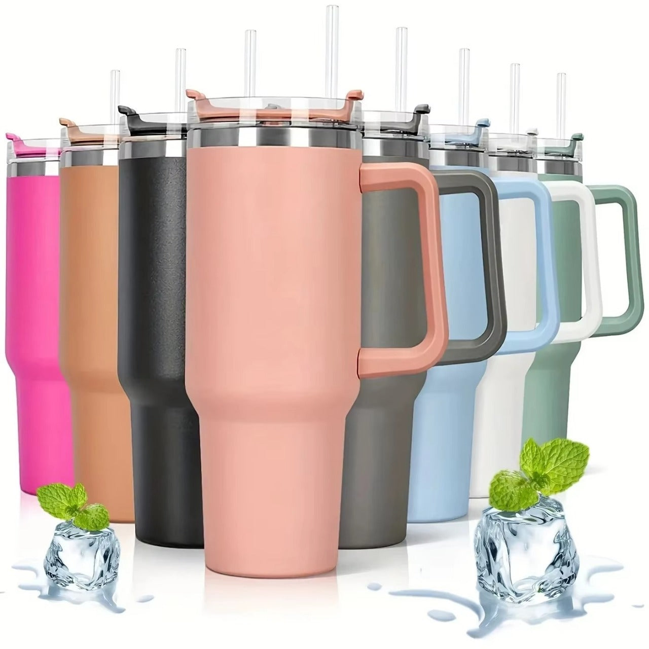 Set of colorful insulated travel mugs with handles on a white background