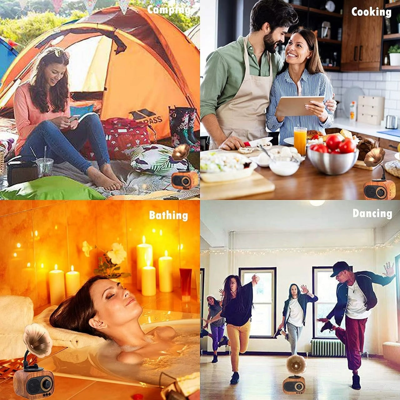 Collage of four activities: camping, cooking, bathing, and dancing.