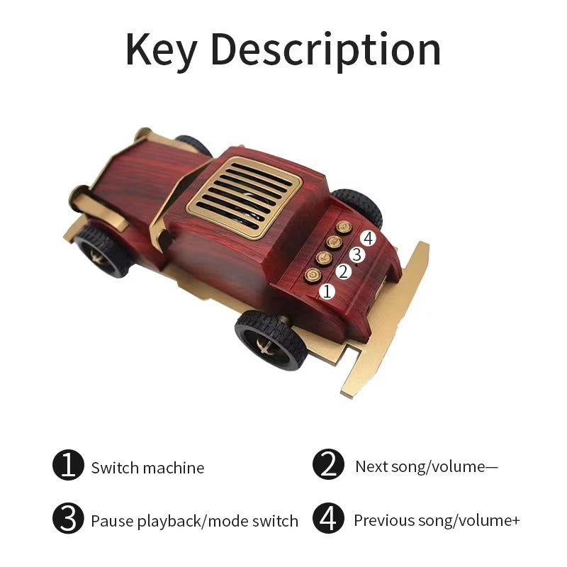 Wooden toy car with control buttons labeled on a white background