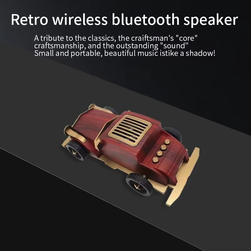 Retro wireless Bluetooth speaker with text on a dark background