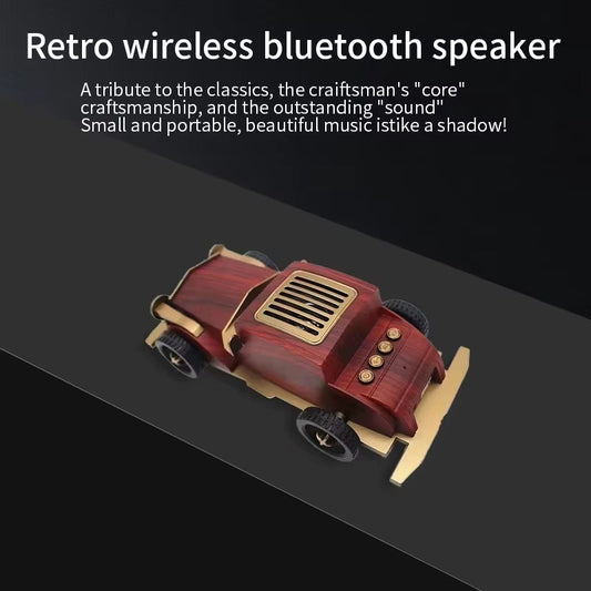 Retro wireless Bluetooth speaker with text on a dark background