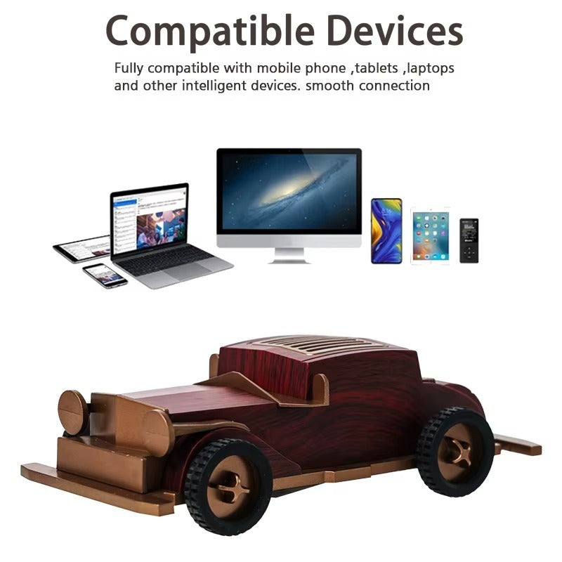 Wooden car model with electronic components on a white background, displaying compatibility with various devices.