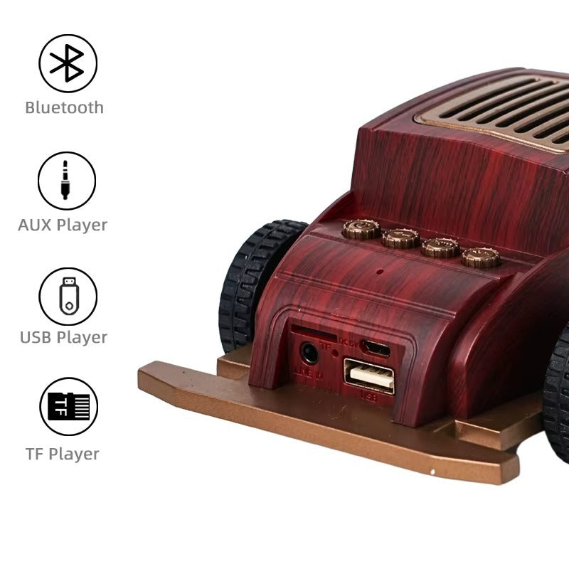 Wooden robot-like device with connectivity icons on a white background