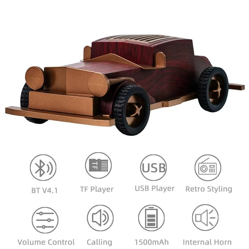 Wooden toy car with electronic features on a white background