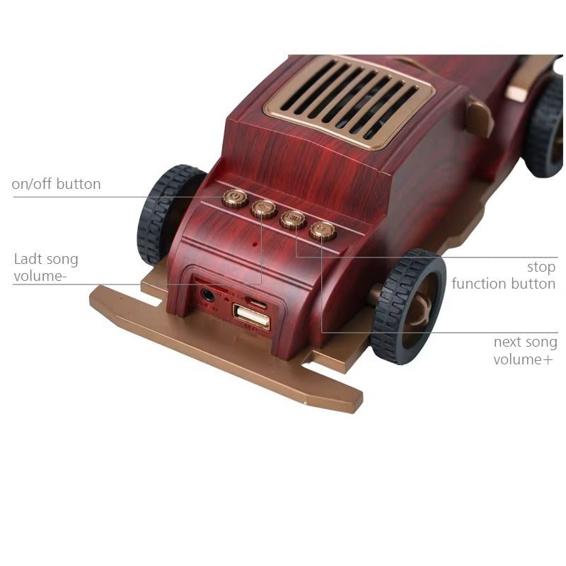 Wooden toy car with labeled buttons on a white background
