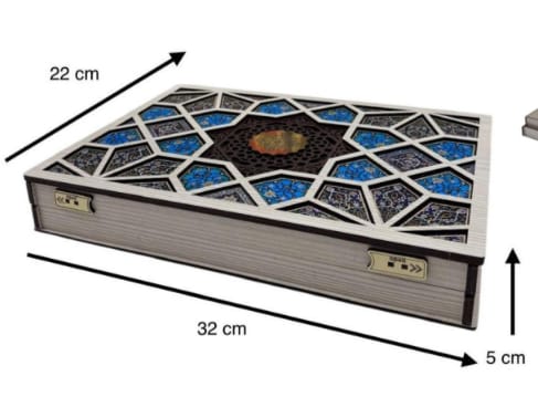 Decorative box with geometric pattern and measurements on a white background