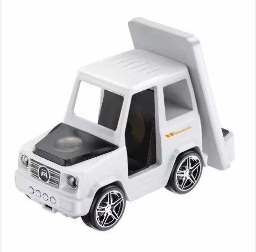 White toy truck with a dump bed on a white background