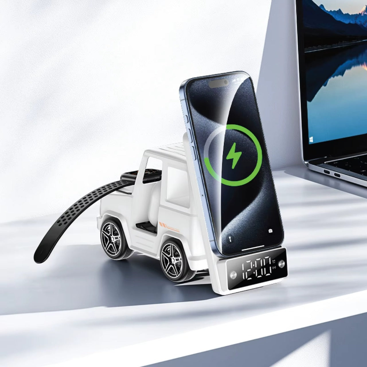 Phone with a charging cable and screen displaying a charging icon, placed on a small white car model.