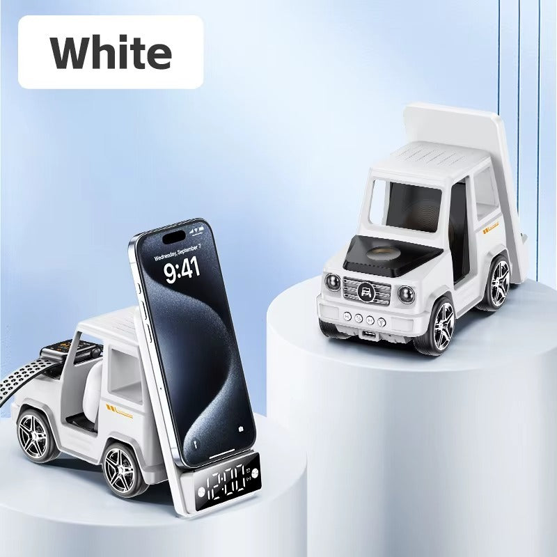 White car-shaped phone stand with smartphone on a light blue background