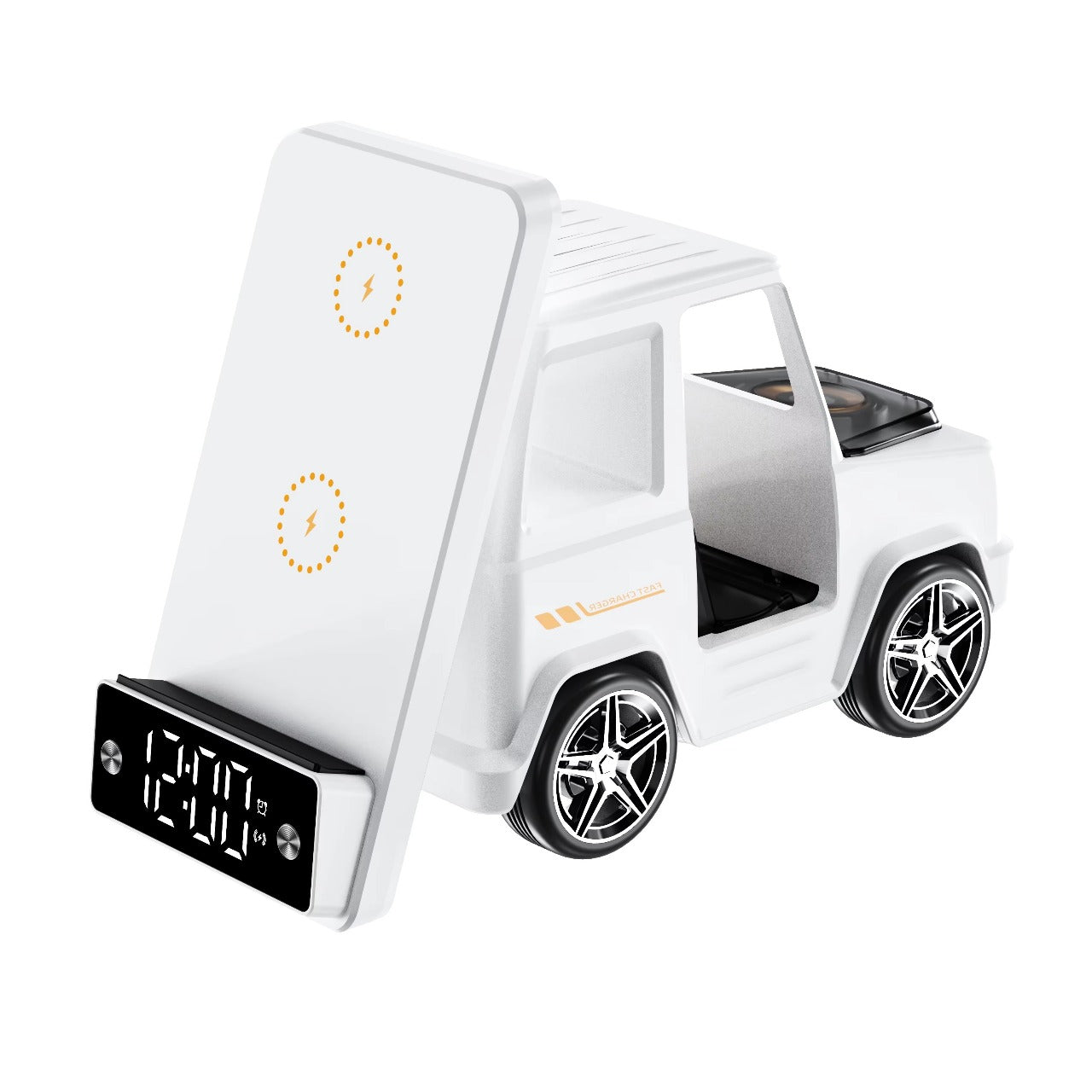 White truck-shaped clock with digital display on a white background