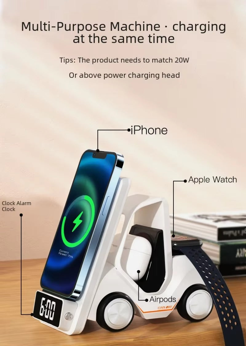 Multi-device charging station with smartphone, Apple Watch, and AirPods on a wooden surface.