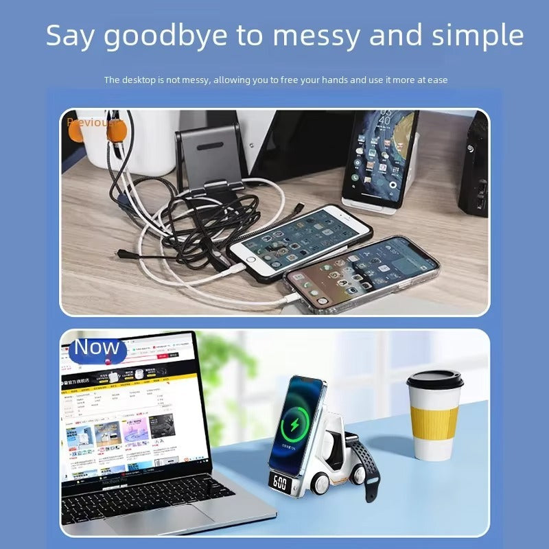 Product advertisement showing a before-and-after comparison of a cluttered desk with multiple devices and a cleaner setup with a wireless charging stand.