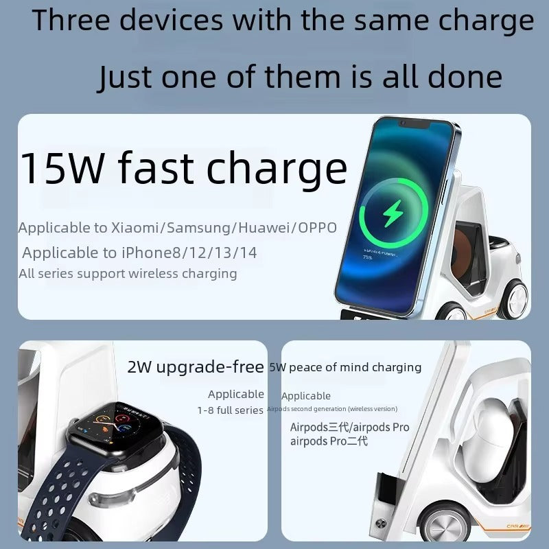 Advertisement showing three devices with charging capabilities on a blue background.